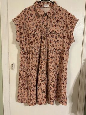 Floral Button-Front Tiered Shirt Dress - Beige with Navy & Rust Flowers